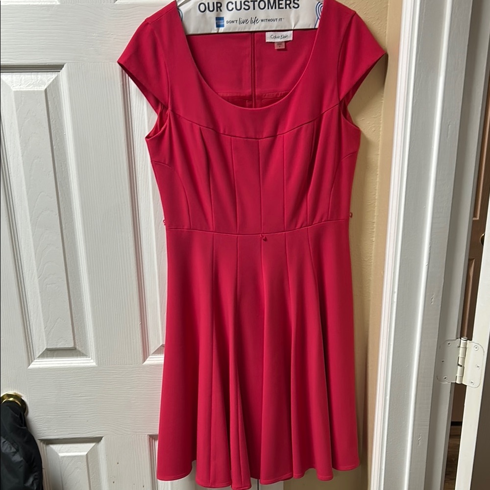 Calvin Klein Pink Fit and Flare Dress with Flutter Cap Sleeves